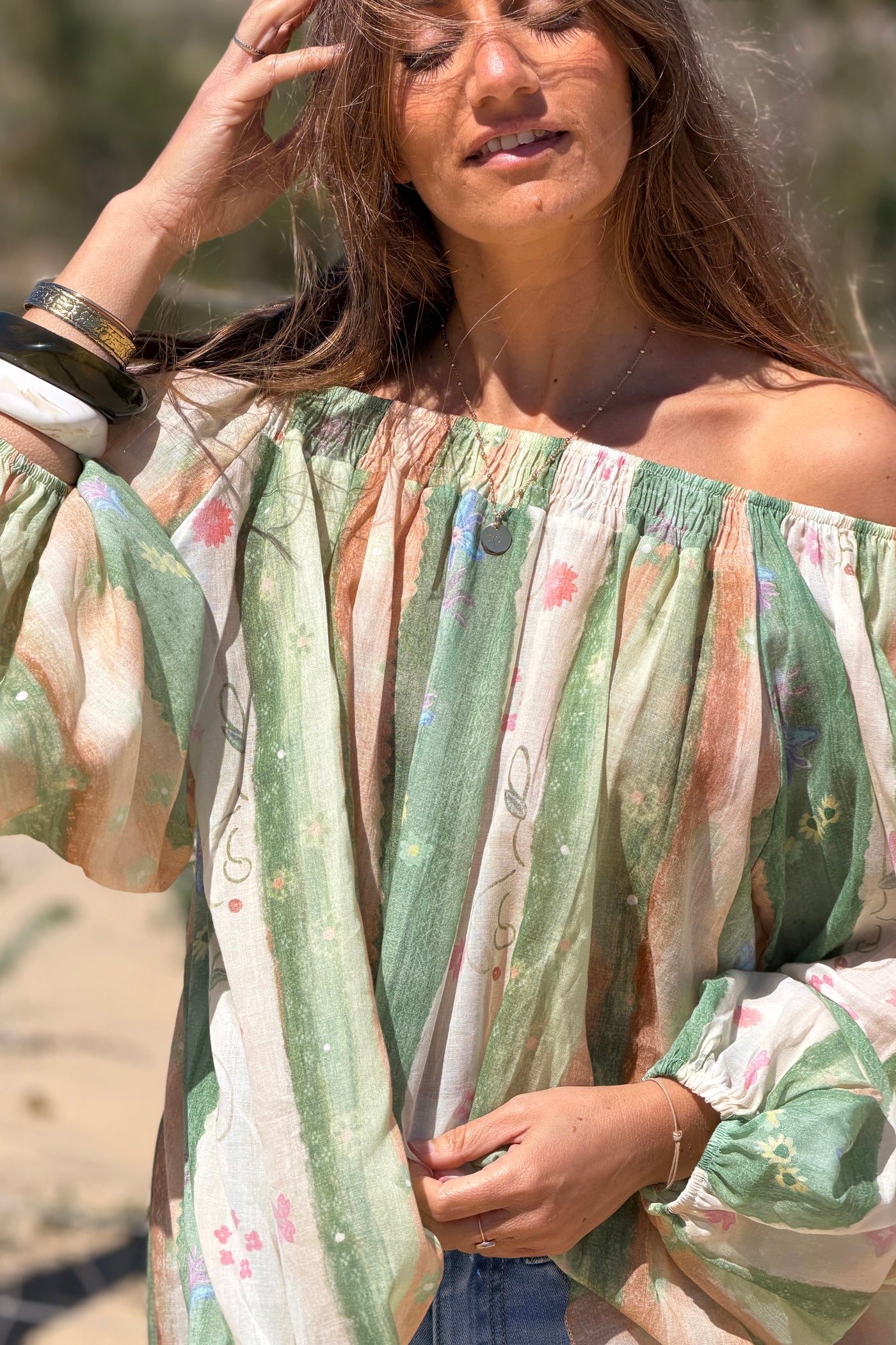 Sage Floral Stripe Goddess Blouse
