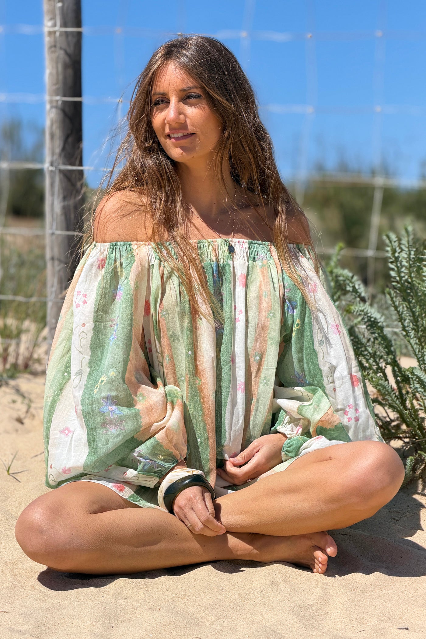 Sage Floral Stripe Goddess Blouse