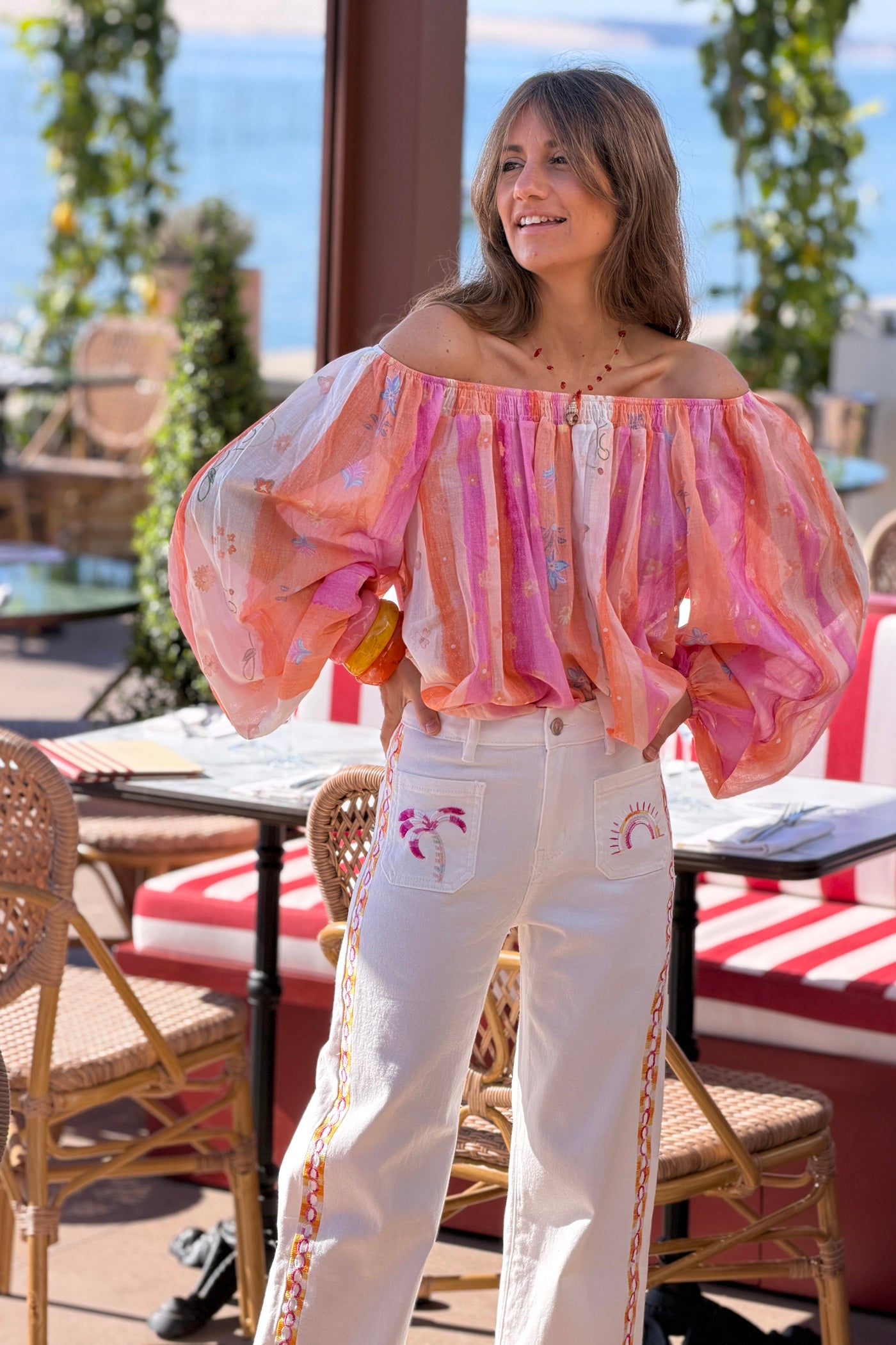 Coral Floral Stripe Goddess Blouse