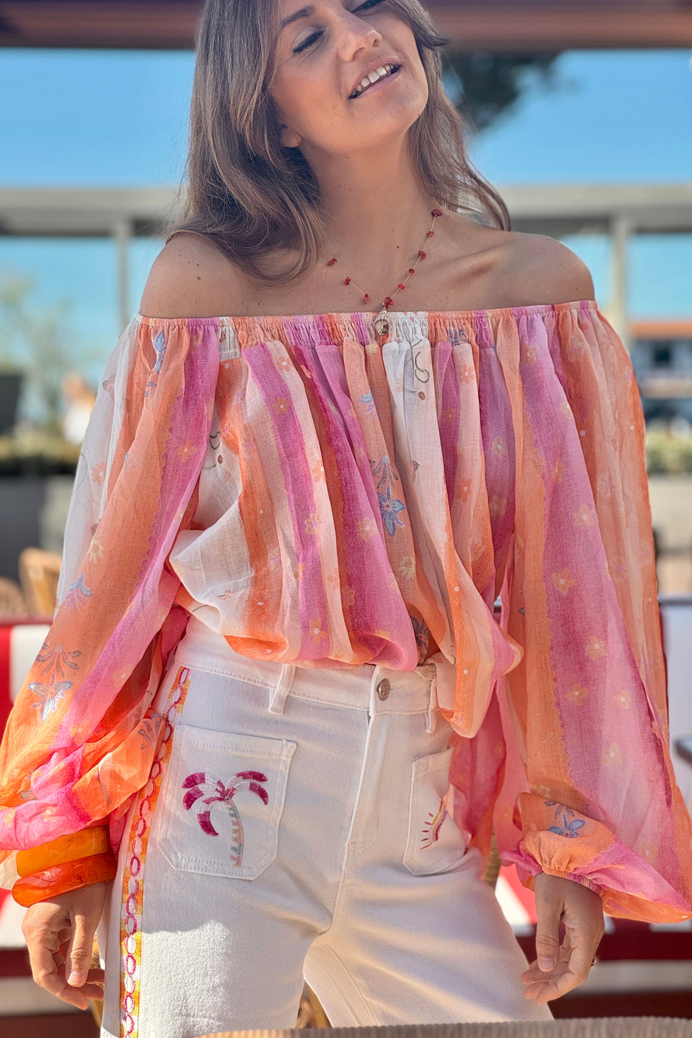 Coral Floral Stripe Goddess Blouse