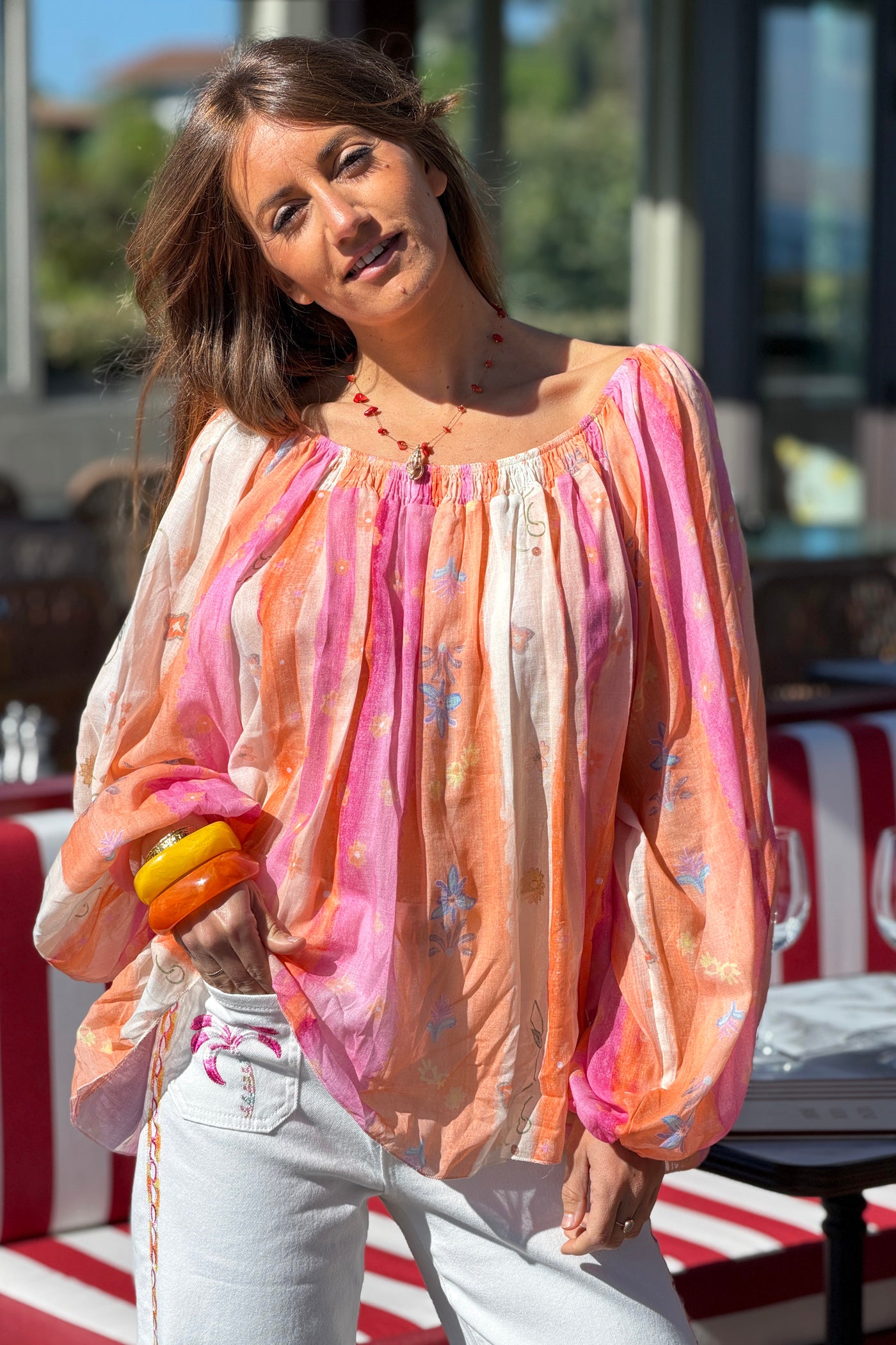 Coral Floral Stripe Goddess Blouse