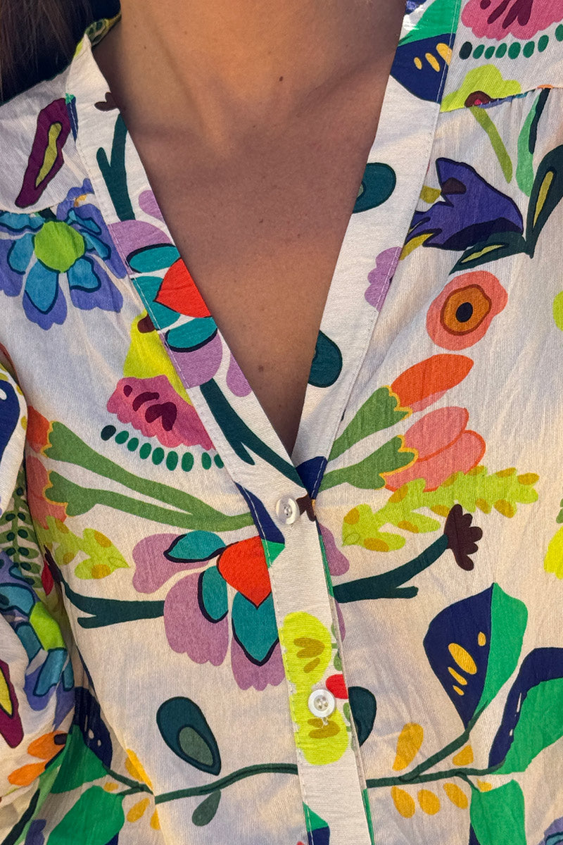 Blouse fluide à boutons imprimé fleurs printemps multicolores