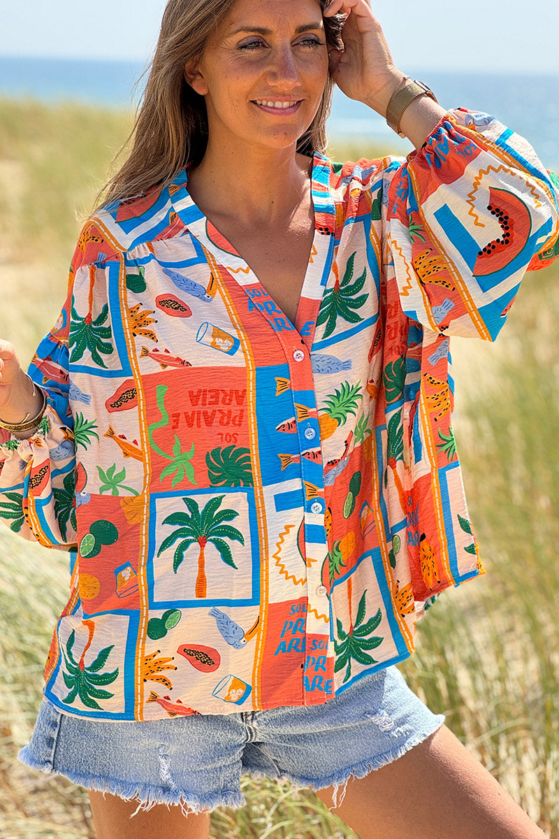Blouse fluide à boutons imprimé vacances d'été fruits pastèques et ananas colorés