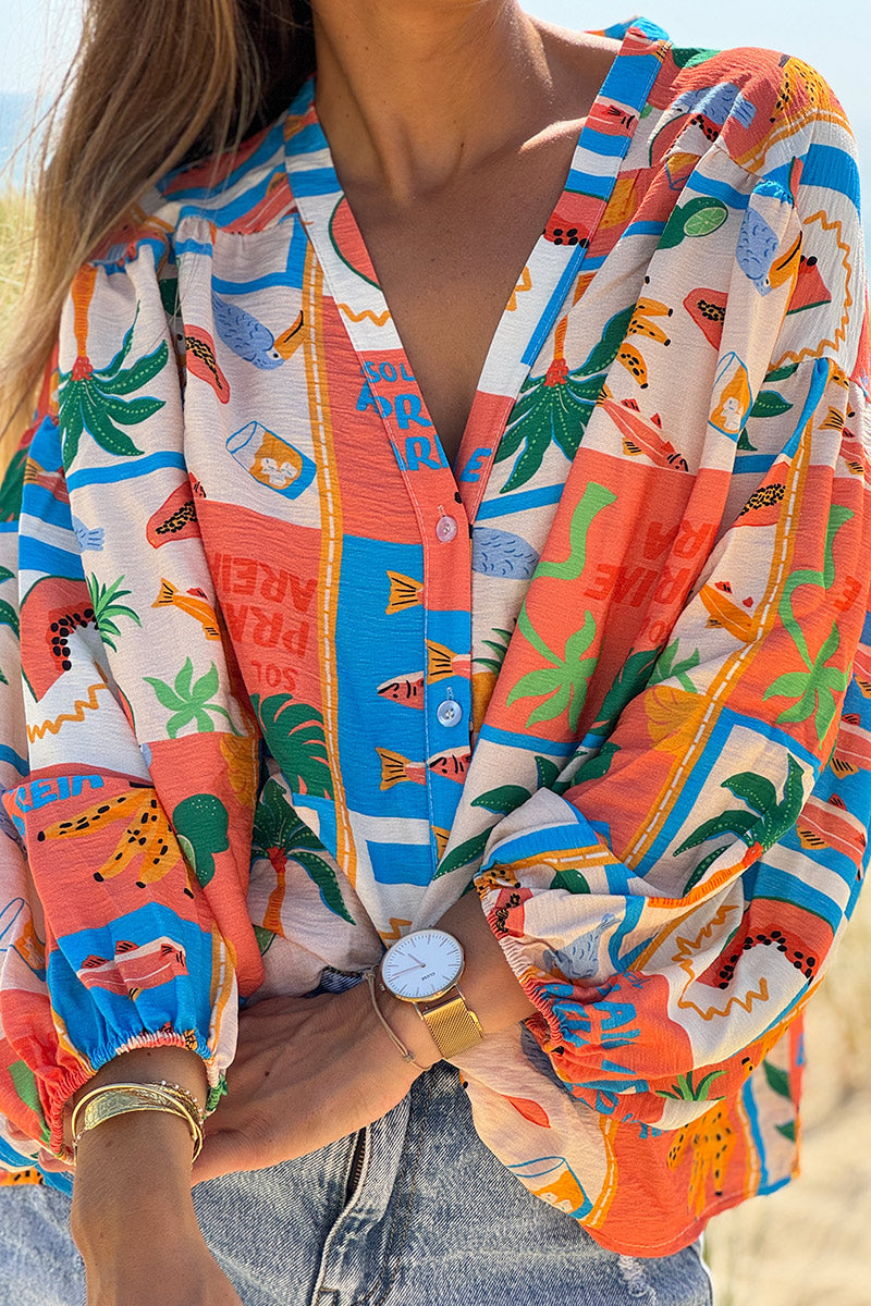 Blouse fluide à boutons imprimé vacances d'été fruits pastèques et ananas colorés