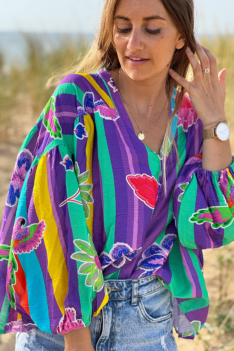 Green Floral Stripe Boho Art Blouse