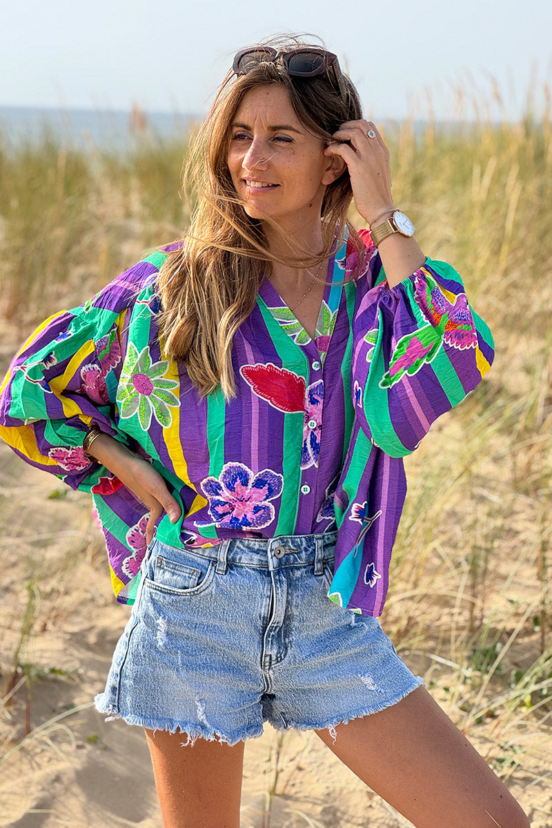 Green Floral Stripe Boho Art Blouse