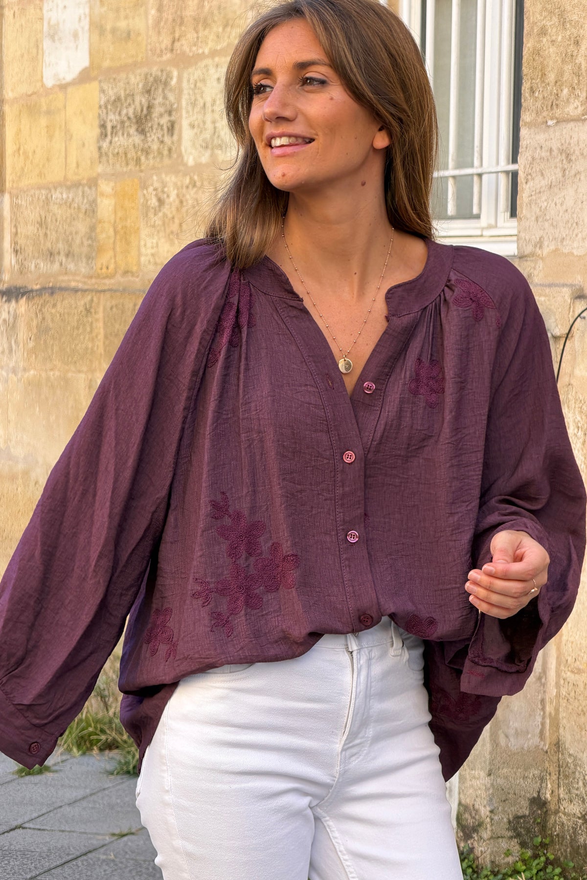Aubergine Shantung Floral Applique Blouse