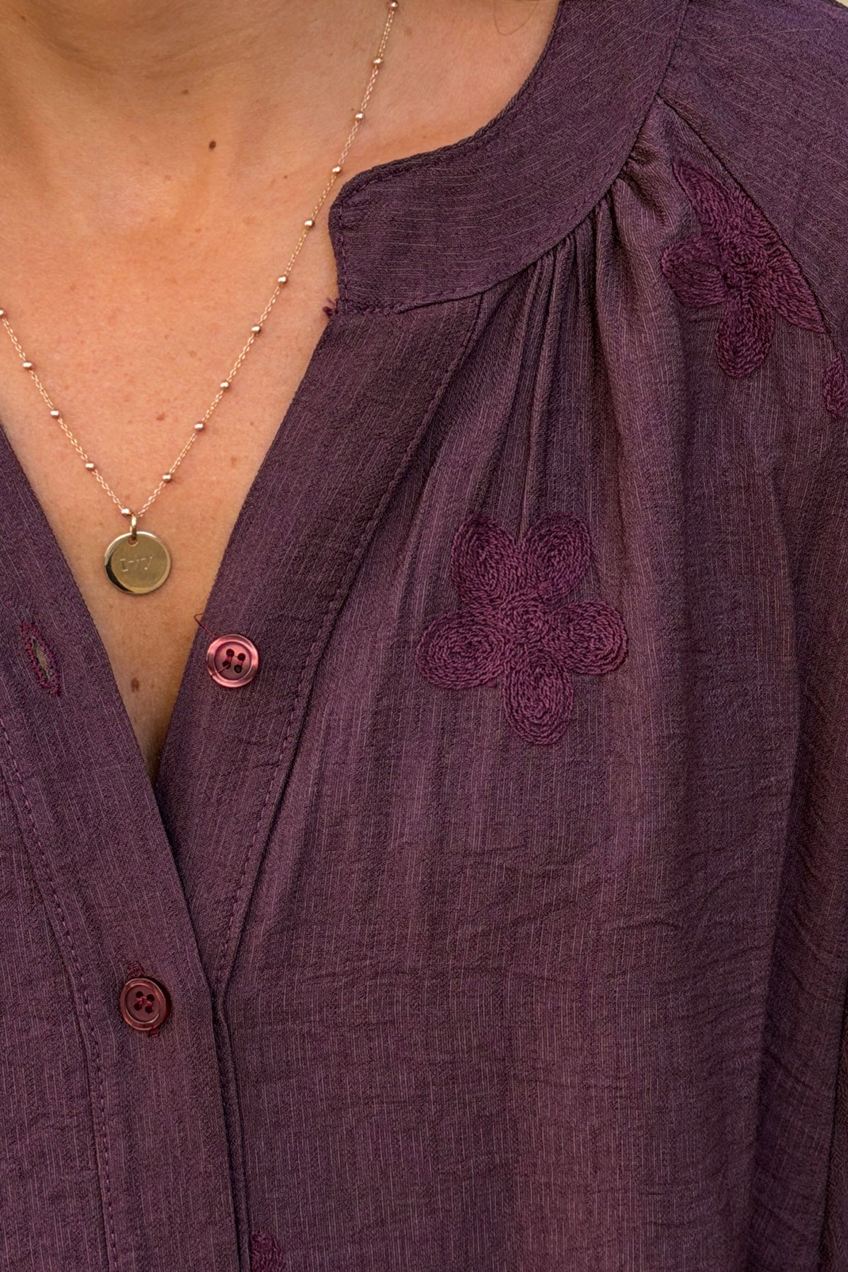Aubergine Shantung Floral Applique Blouse