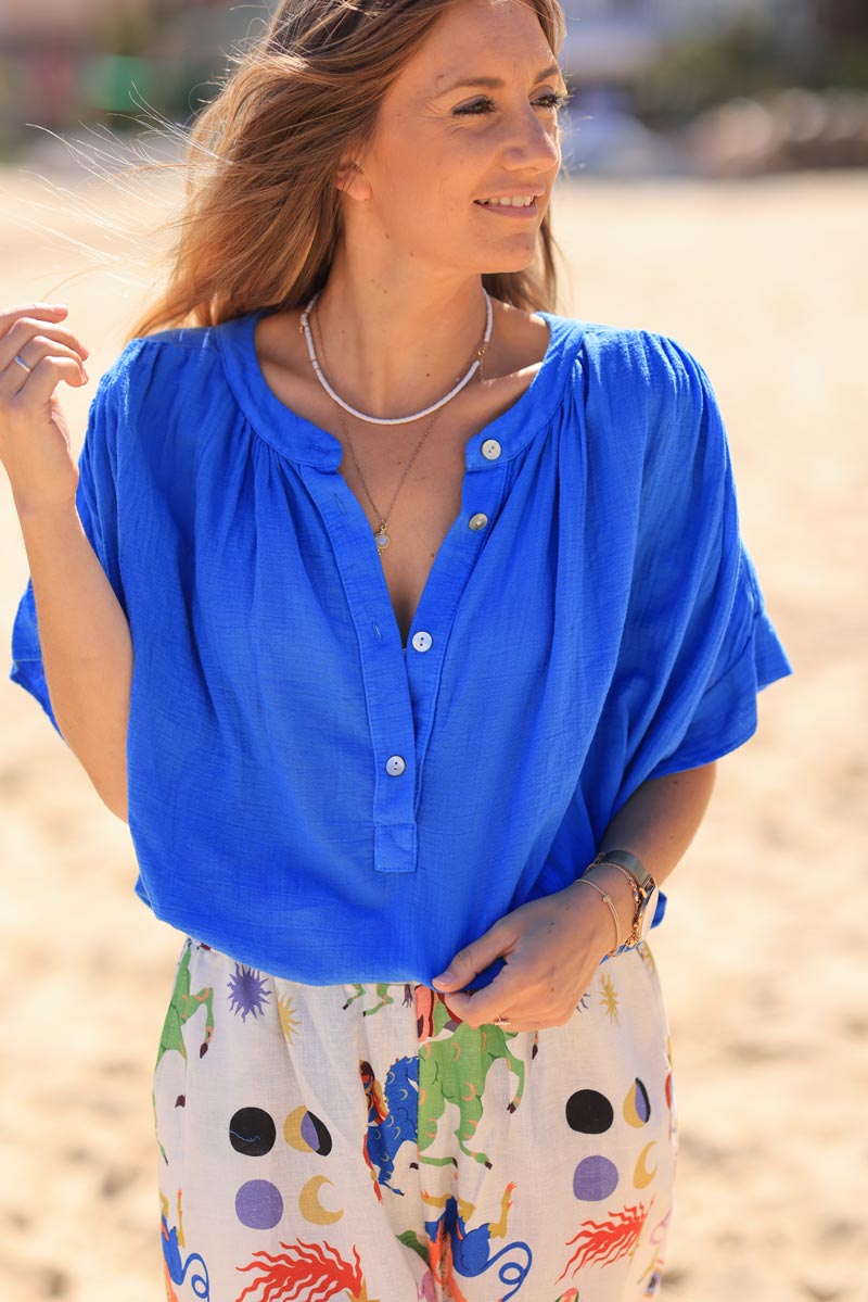 Royal blue floaty oversized blouse with mother of pearl buttons