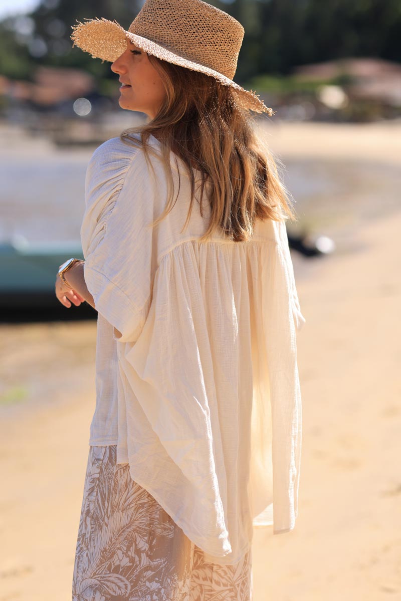 Ecru floaty oversized blouse with mother of pearl buttons