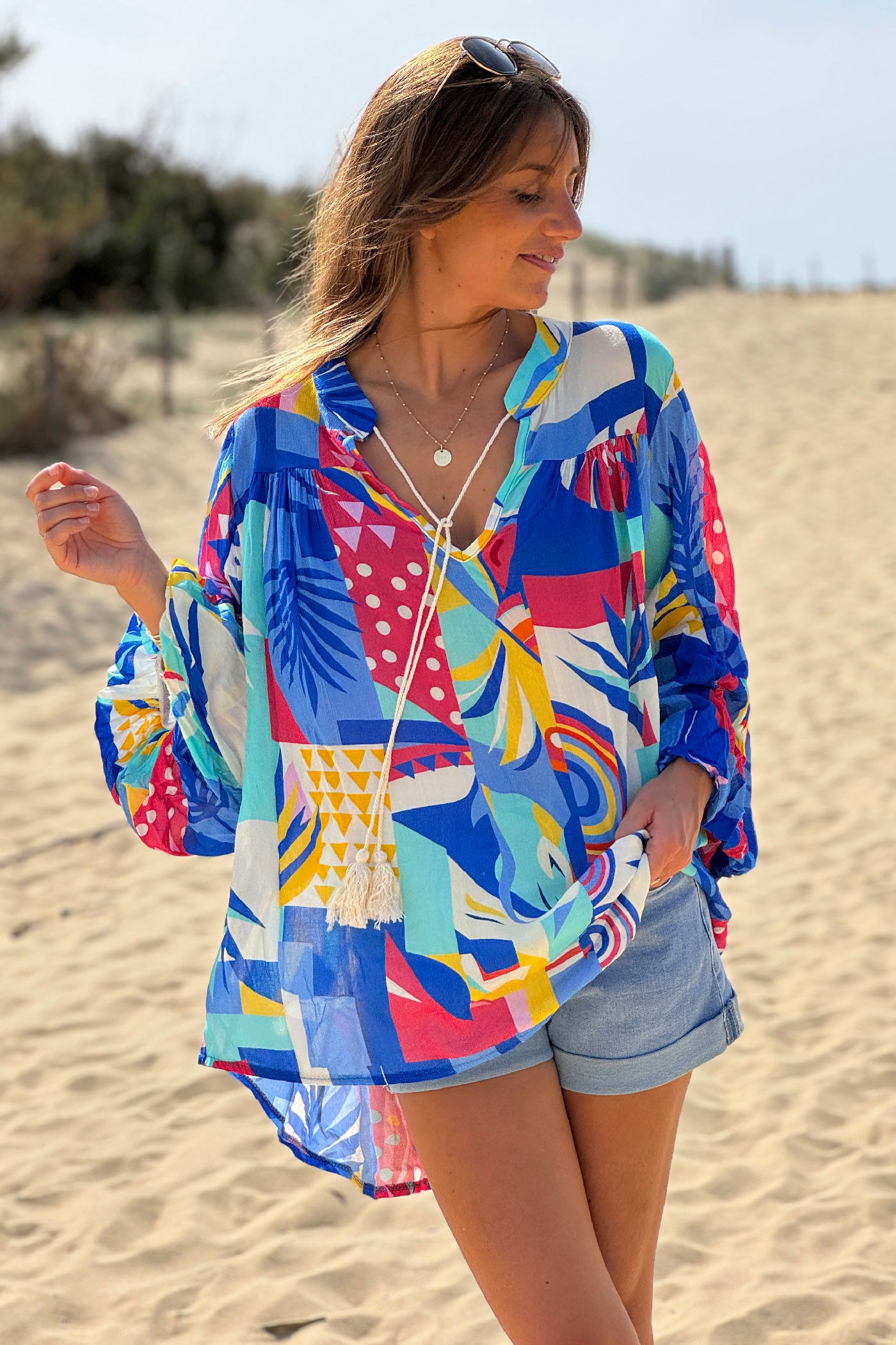 Royal Blue Tropicalia Ruffled Modern Art Blouse
