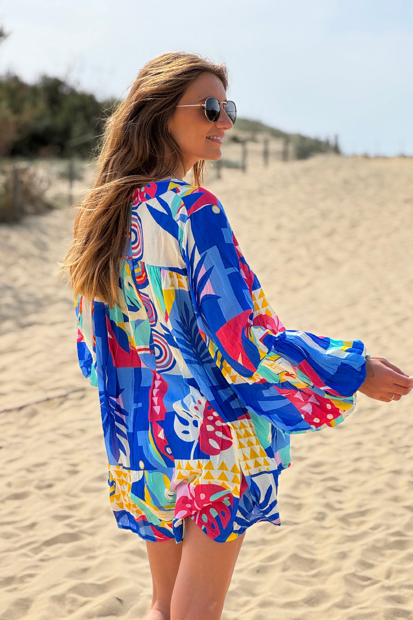 Royal Blue Tropicalia Ruffled Modern Art Blouse
