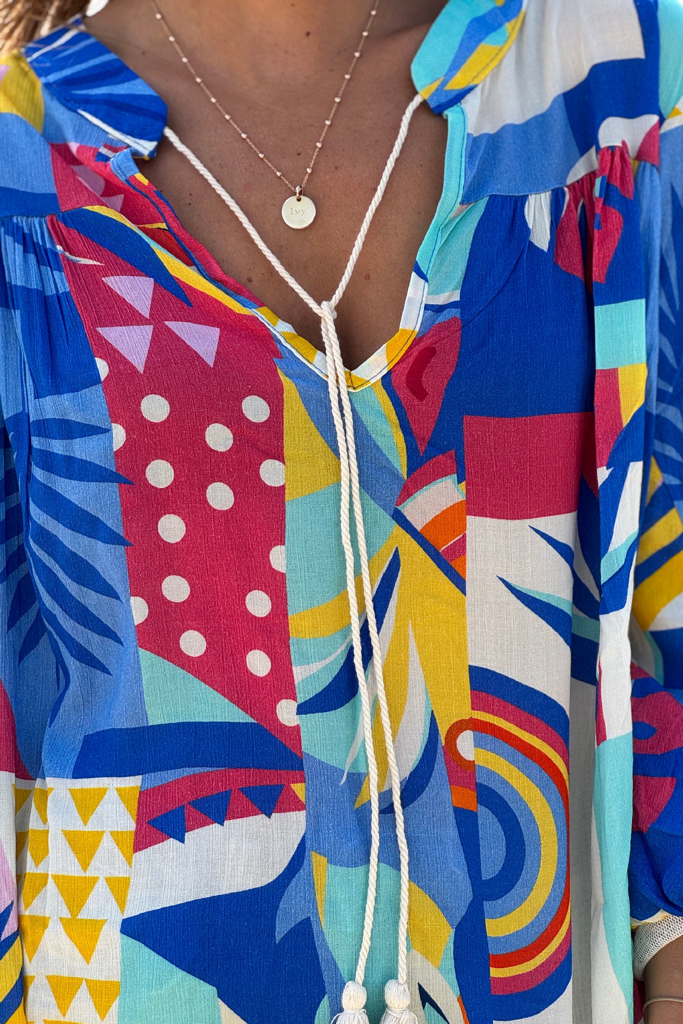 Royal Blue Tropicalia Ruffled Modern Art Blouse
