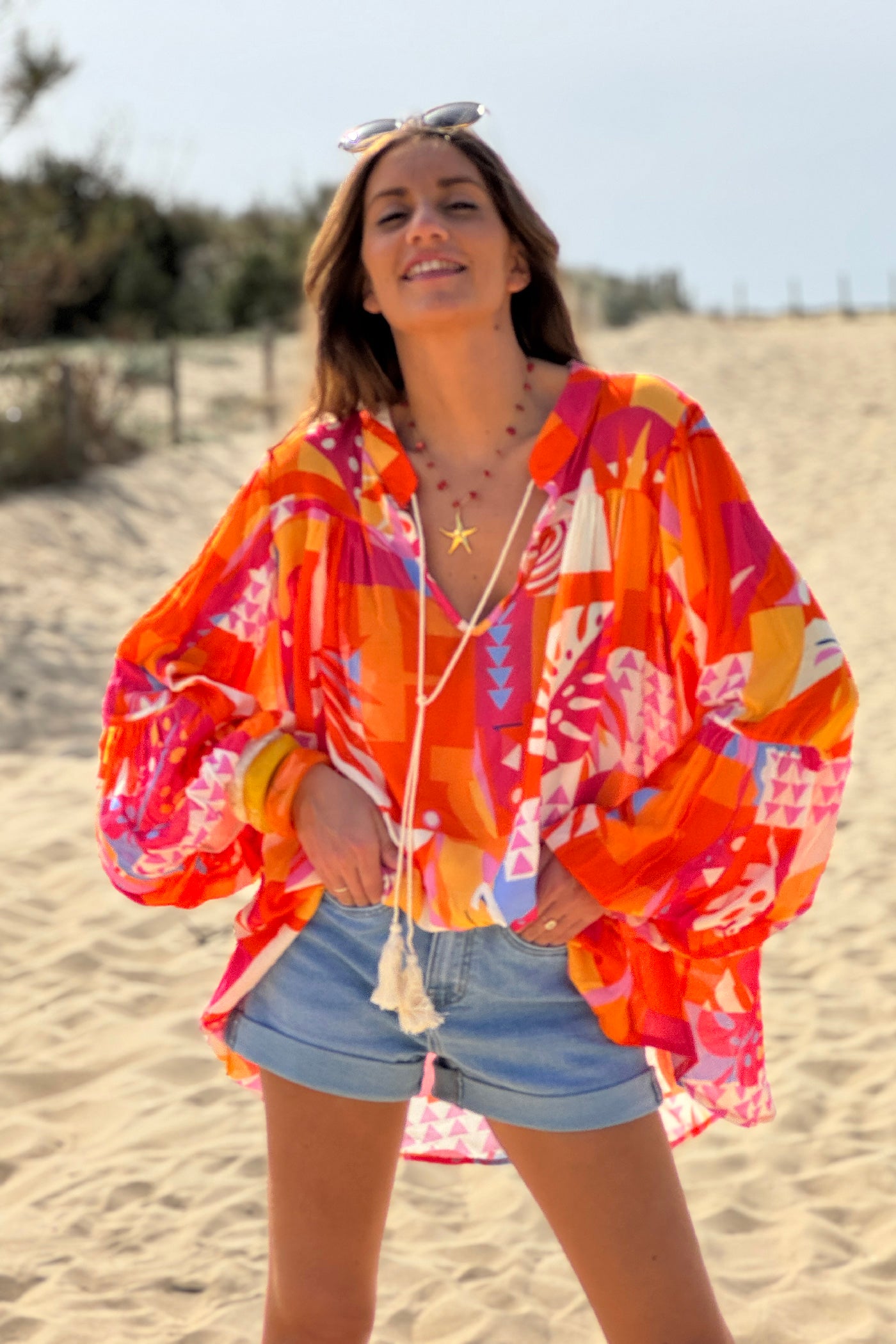 Orange Tropicalia Ruffled Modern Art Blouse