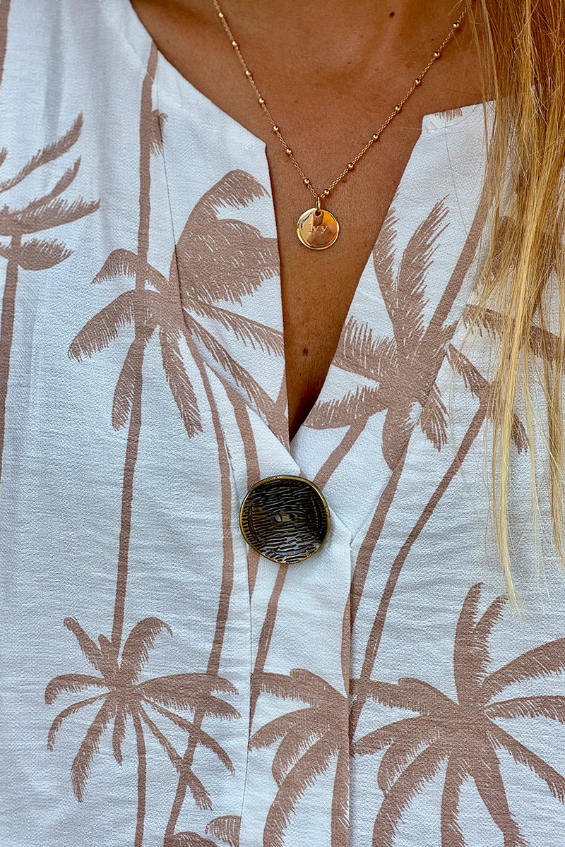 Beige Palm Decorative Button Blouse