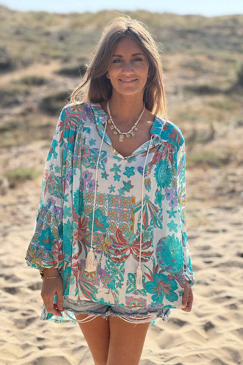 Turquoise Fruits of Summer Boho Blouse