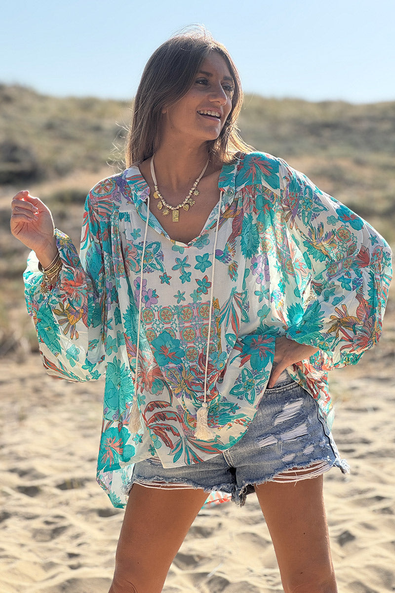 Turquoise Fruits of Summer Boho Blouse