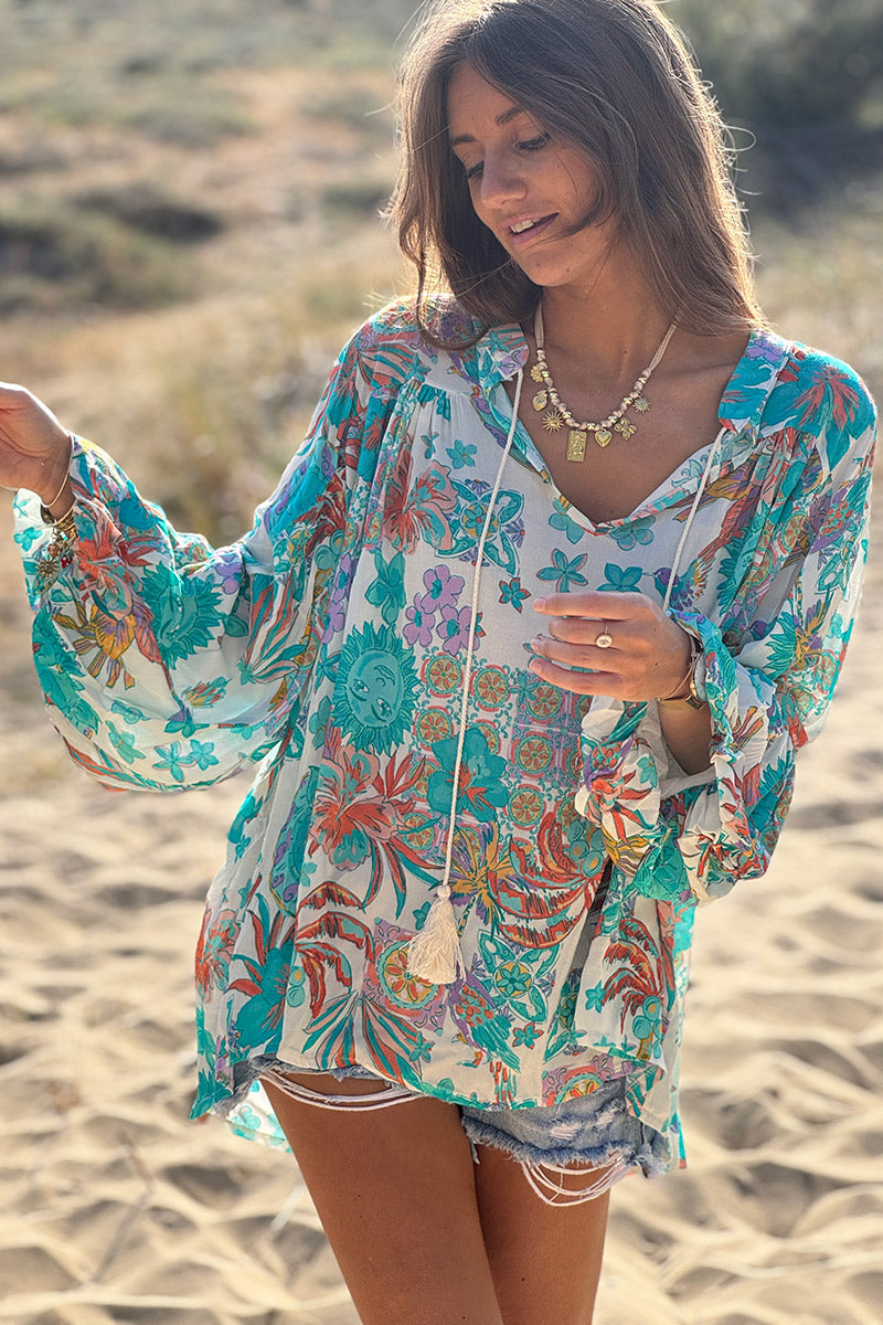 Turquoise Fruits of Summer Boho Blouse