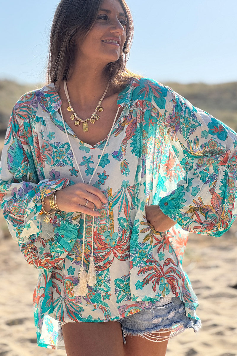 Turquoise Fruits of Summer Boho Blouse