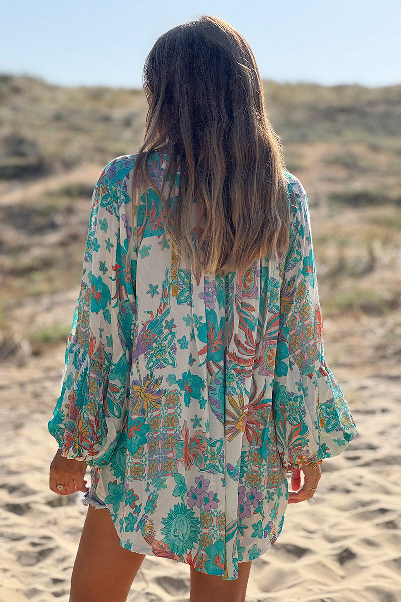 Turquoise Fruits of Summer Boho Blouse