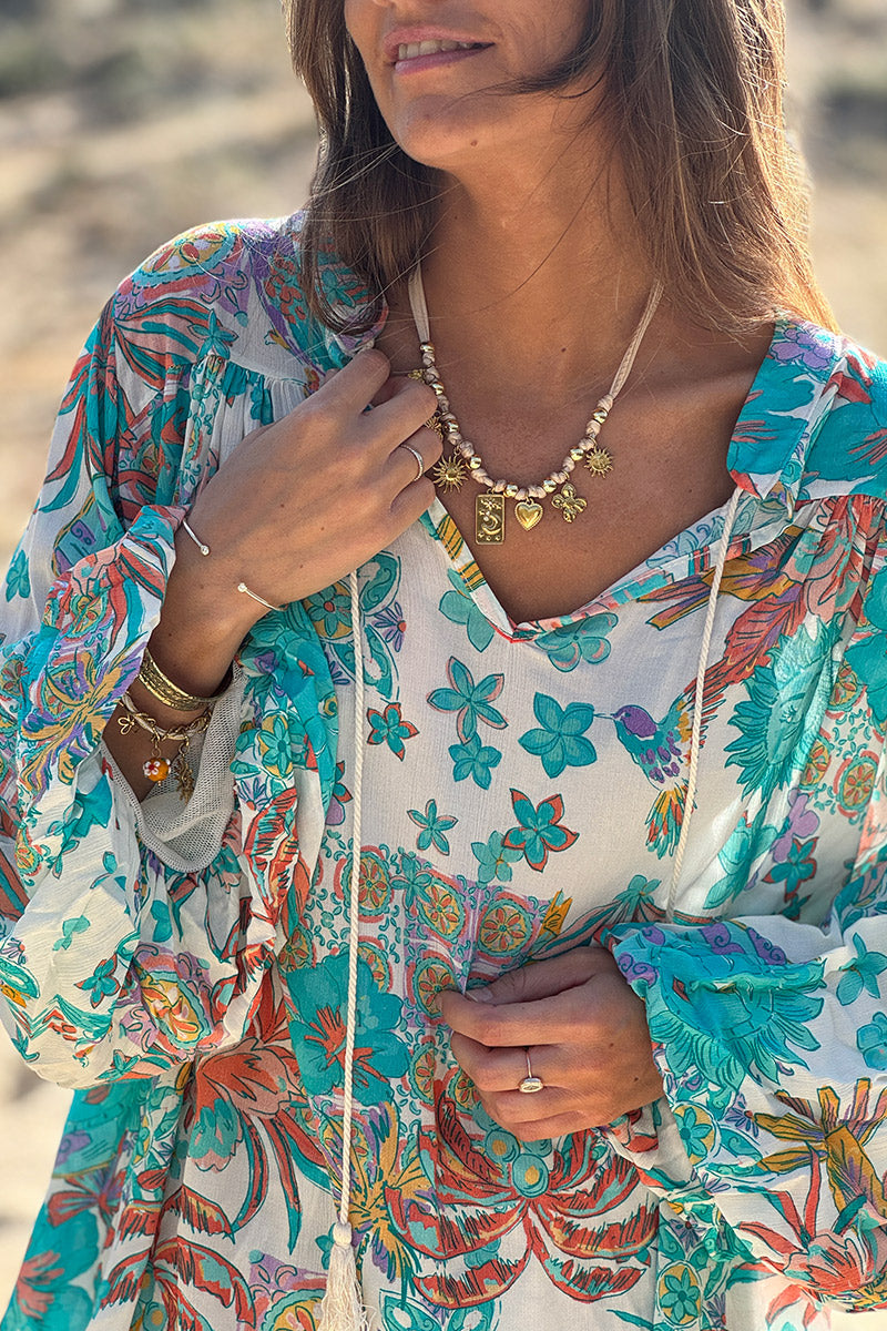 Turquoise Fruits of Summer Boho Blouse