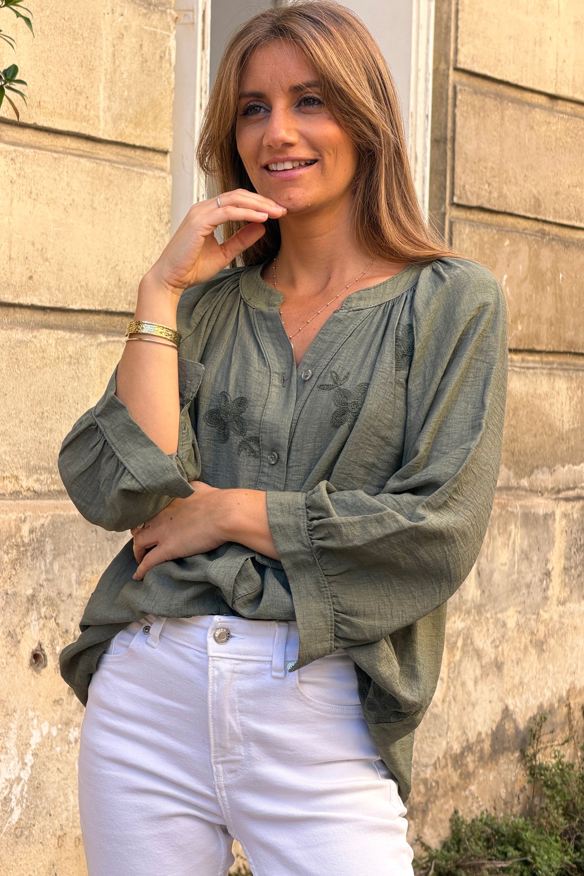 Olive Shantung Floral Applique Blouse