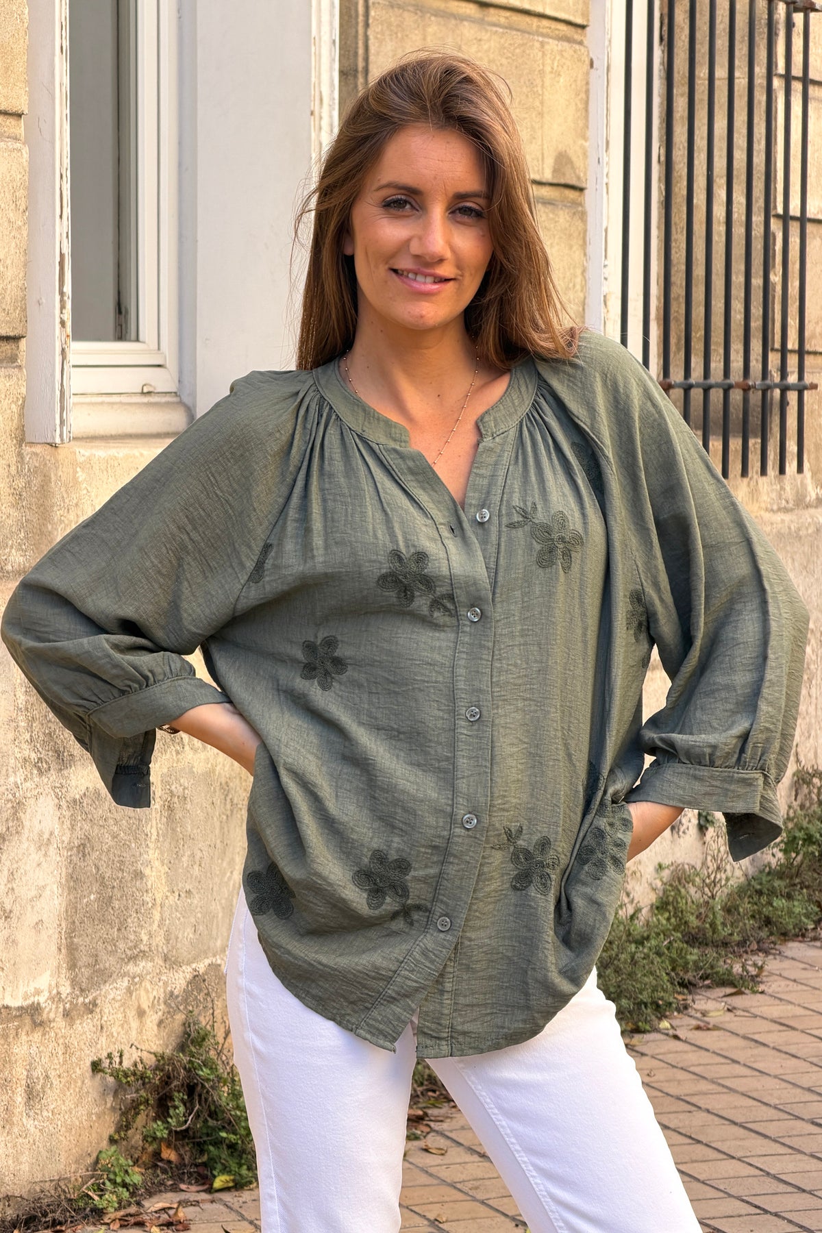 Olive Shantung Floral Applique Blouse