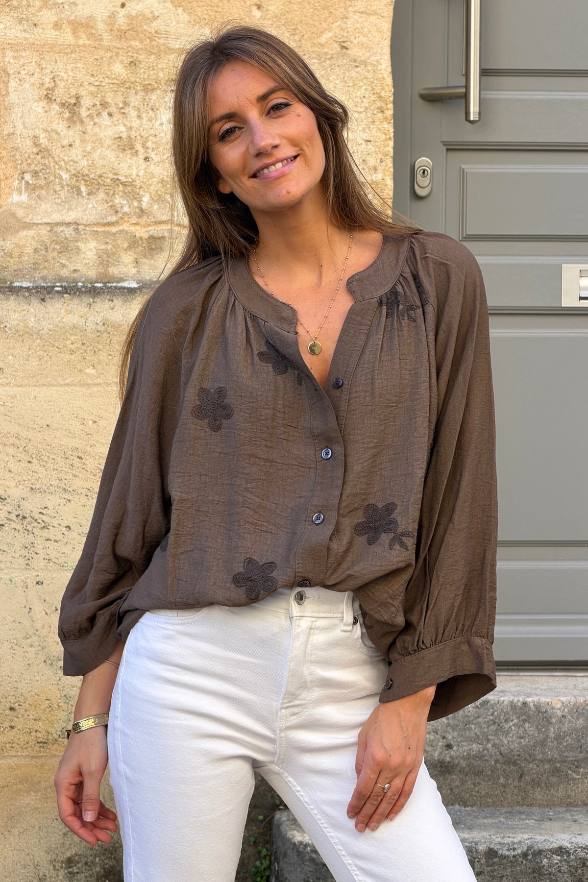 Brown Shantung Floral Applique Blouse