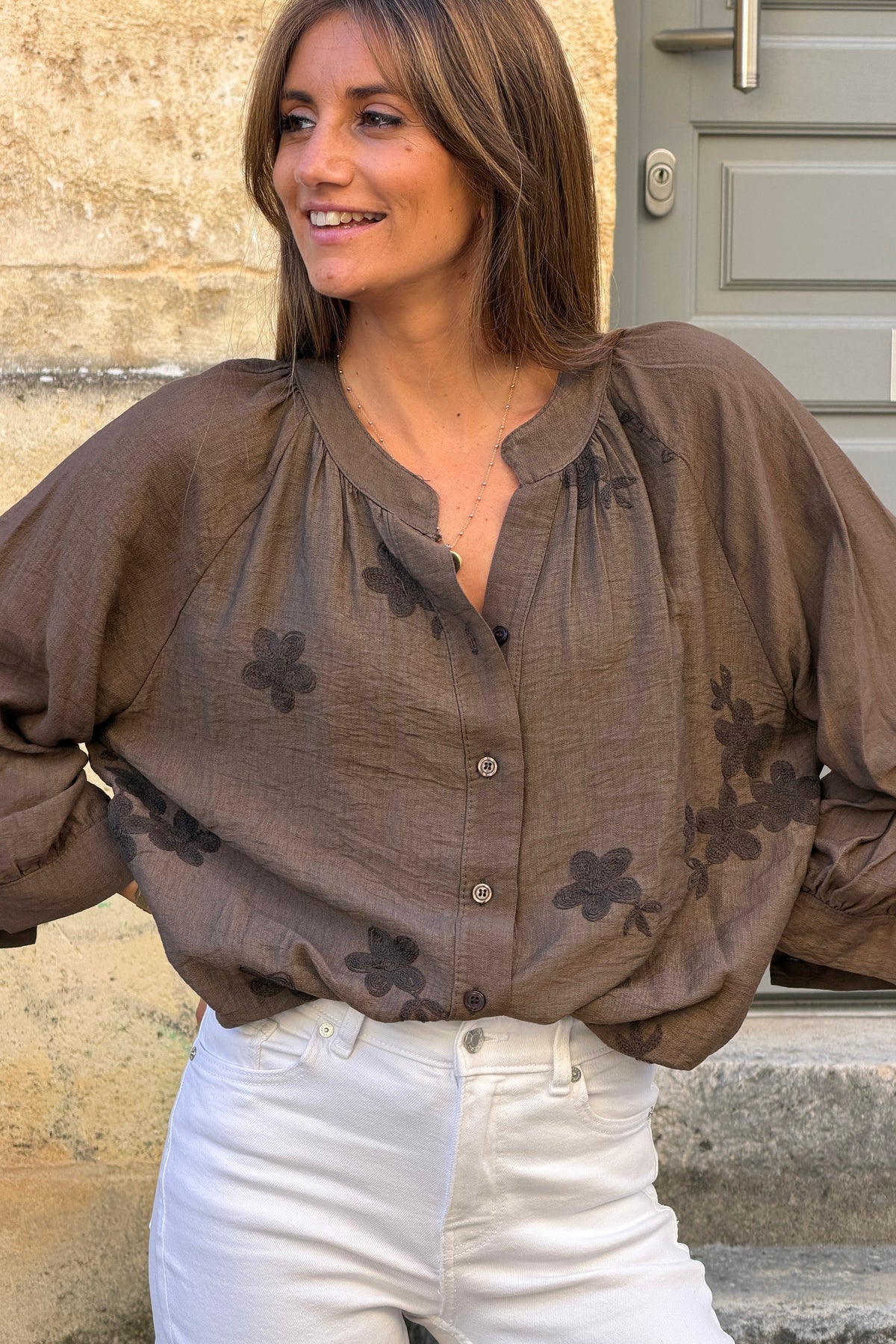 Brown Shantung Floral Applique Blouse