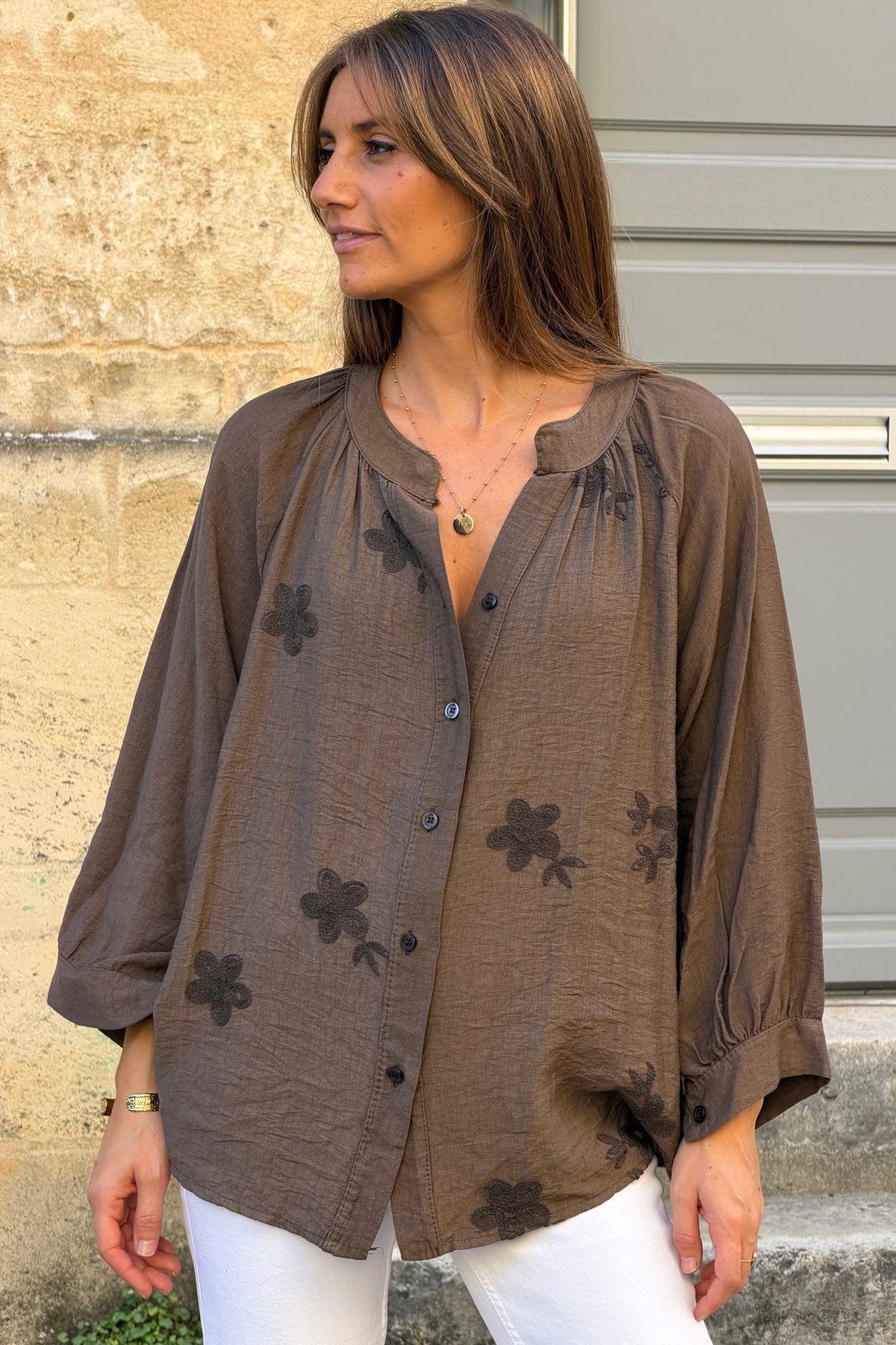 Brown Shantung Floral Applique Blouse