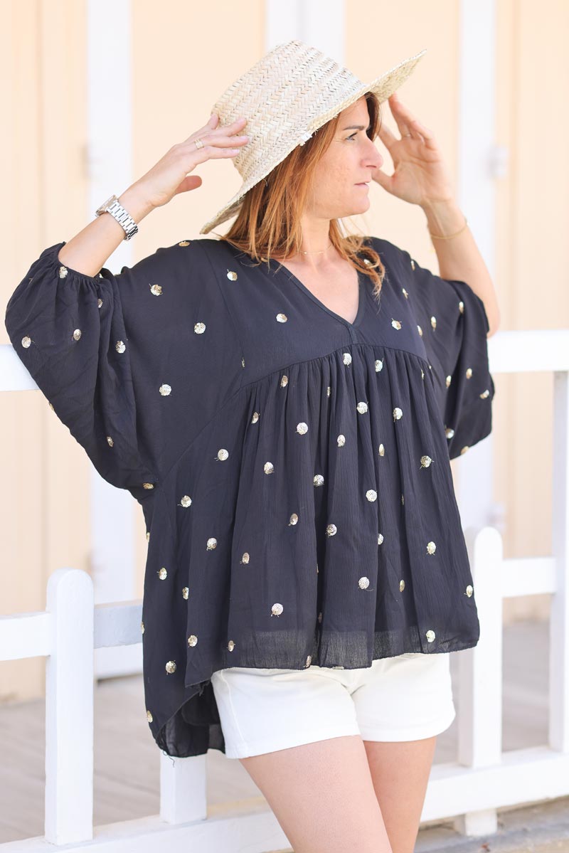 Black blouse with hot sale gold polka dots