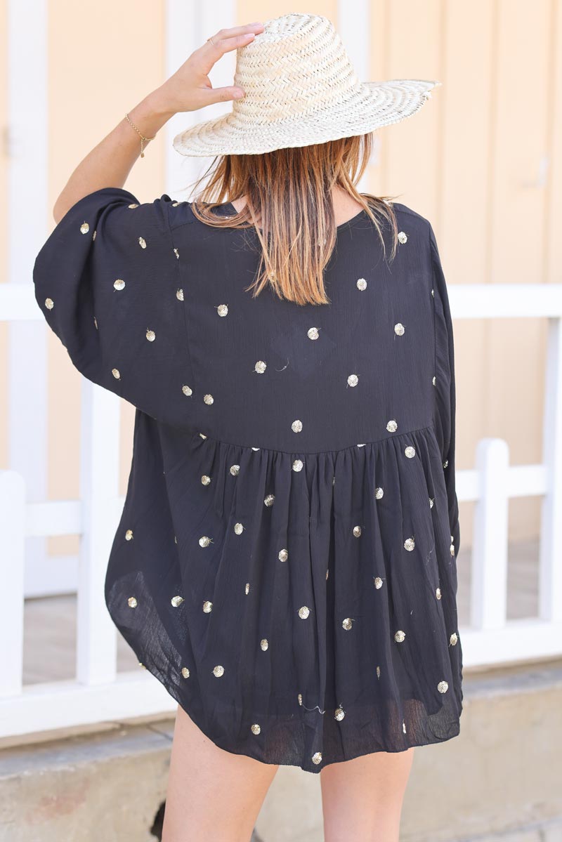 Blouse fluide noire effet cr pe pois sequins dor s