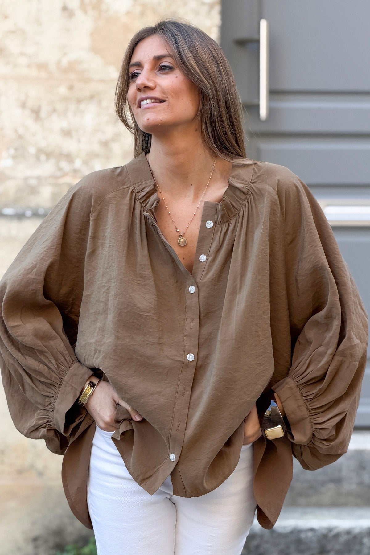 Mocha Brown Fairytale Pleated Blouson Top