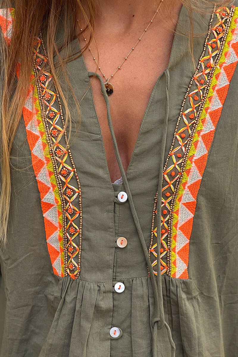 Olive Boho Neon Embroidered Blouse