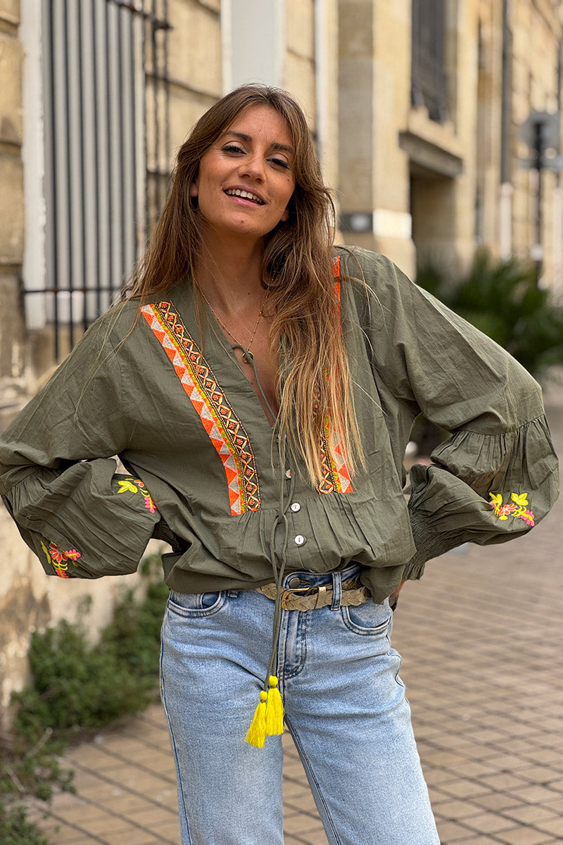 Olive Boho Neon Embroidered Blouse