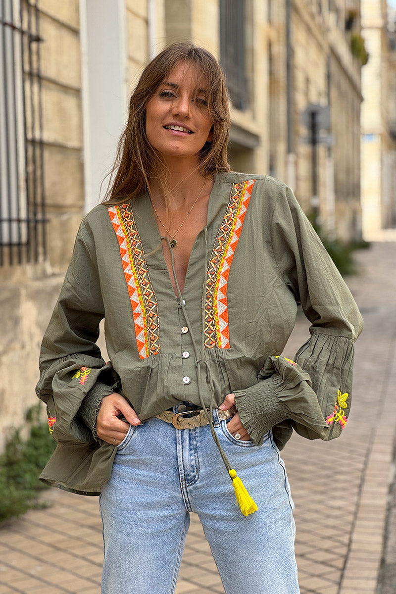 Olive Boho Neon Embroidered Blouse