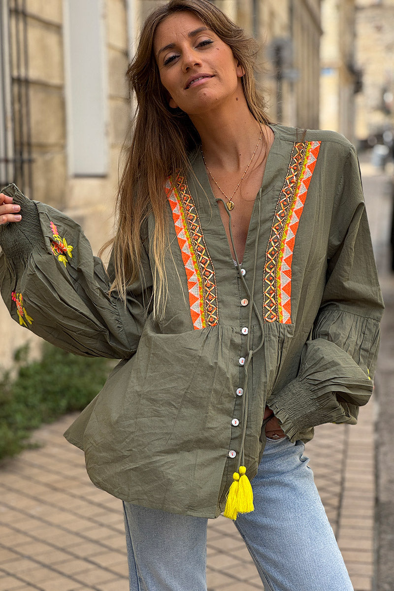 Olive Boho Neon Embroidered Blouse