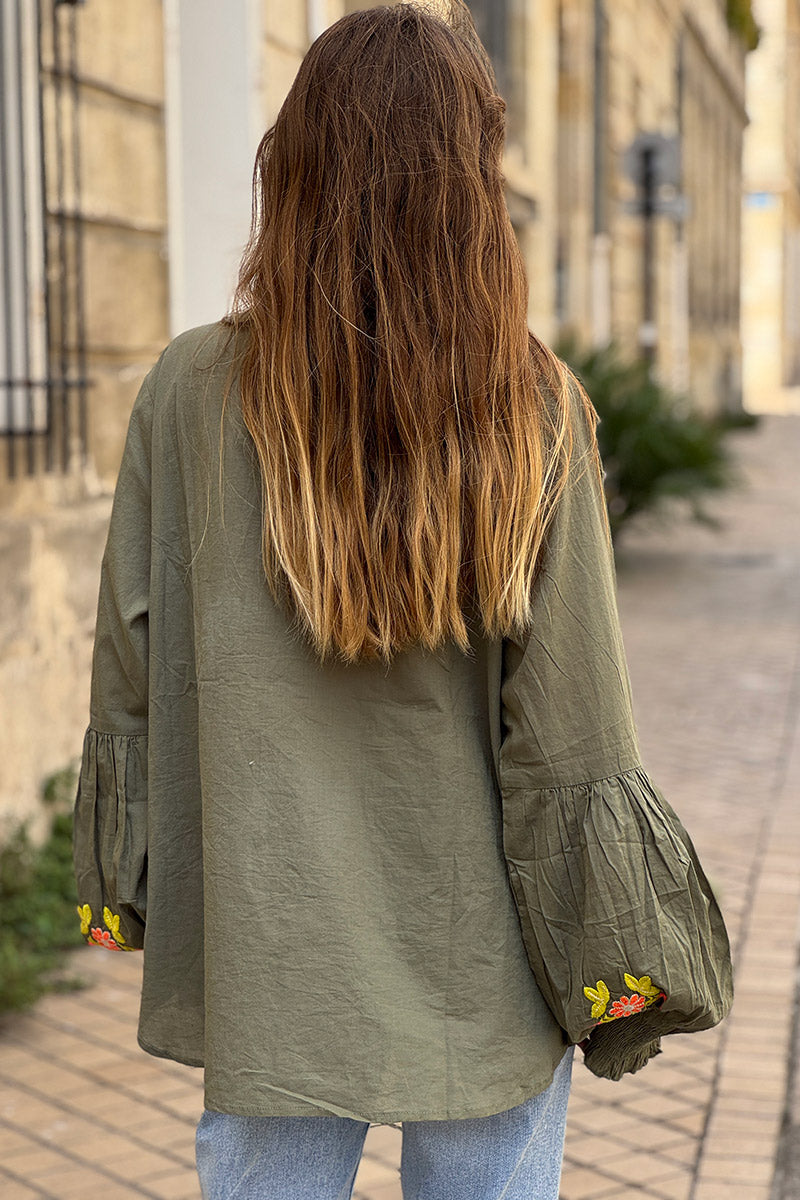 Olive Boho Neon Embroidered Blouse