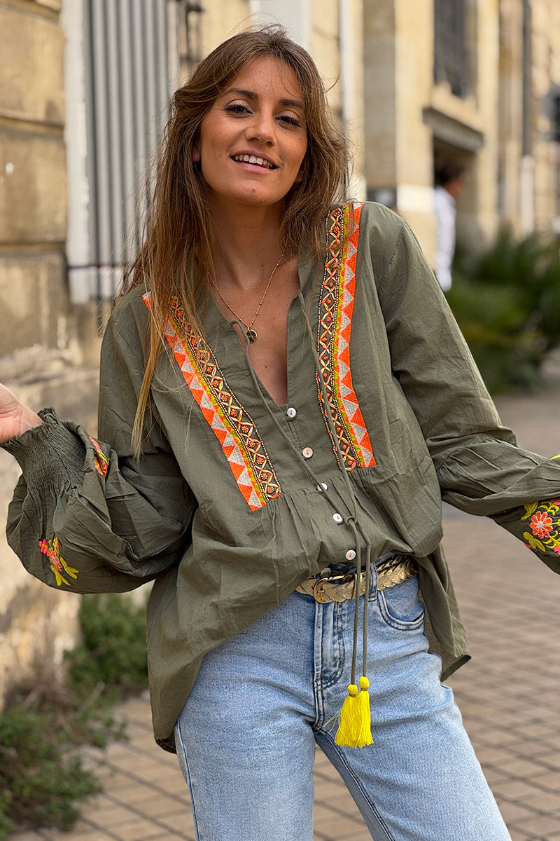 Olive Boho Neon Embroidered Blouse