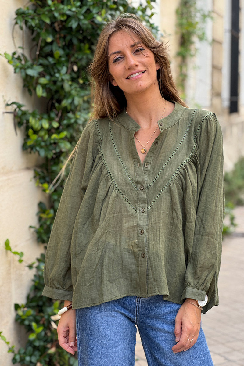 Olive Cotton Gauze Prairie Blouse