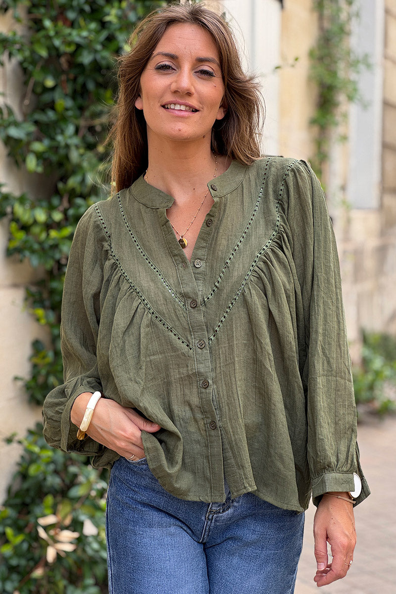 Olive Cotton Gauze Prairie Blouse