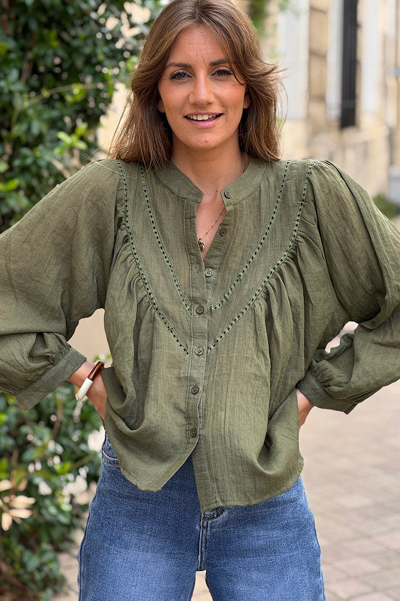 Olive Cotton Gauze Prairie Blouse