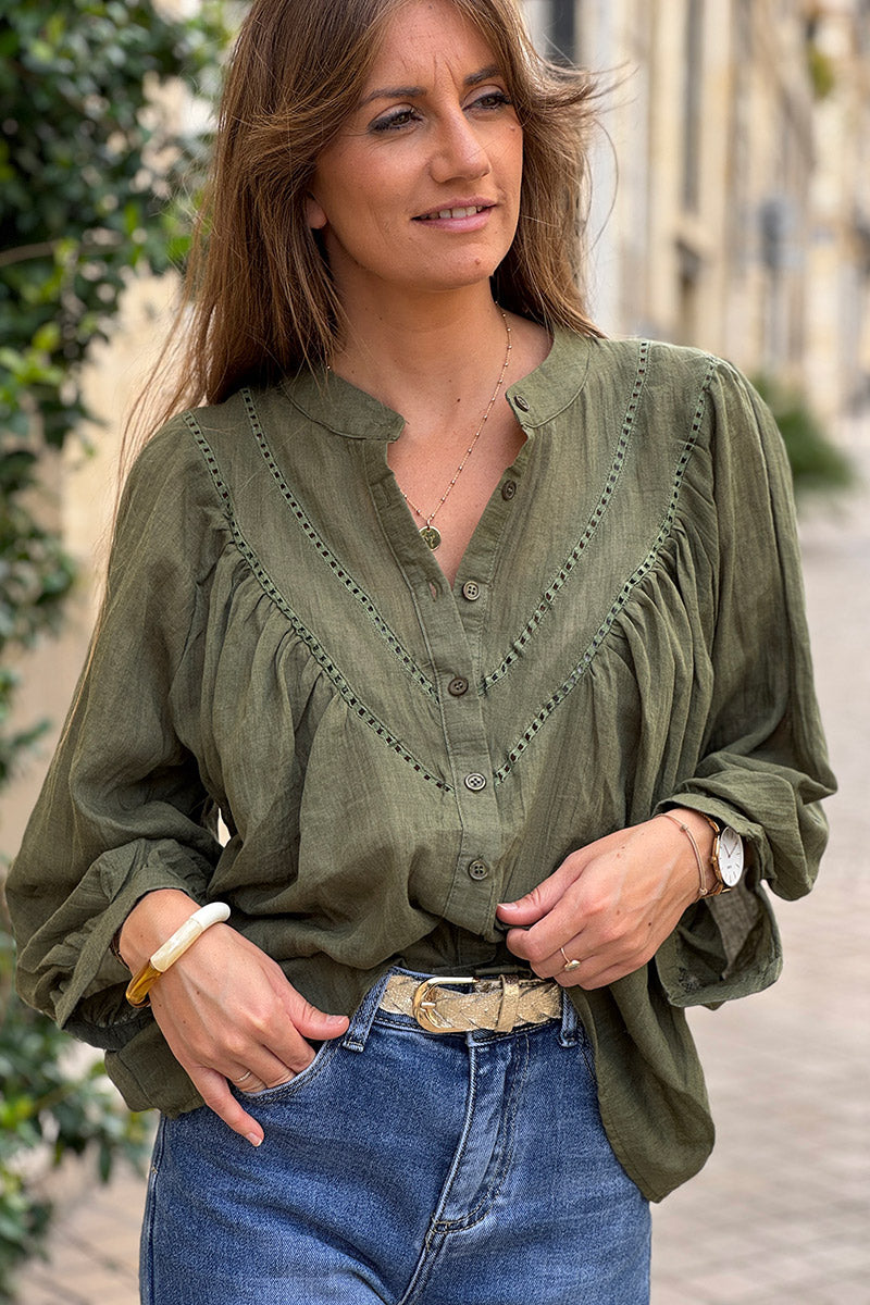 Olive Cotton Gauze Prairie Blouse