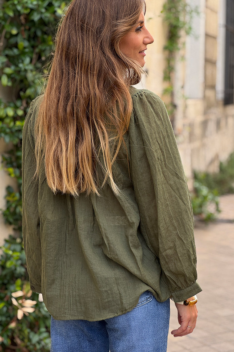 Olive Cotton Gauze Prairie Blouse