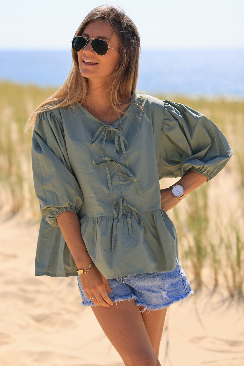 Khaki tie front blouse with puffed 3/4 sleeves