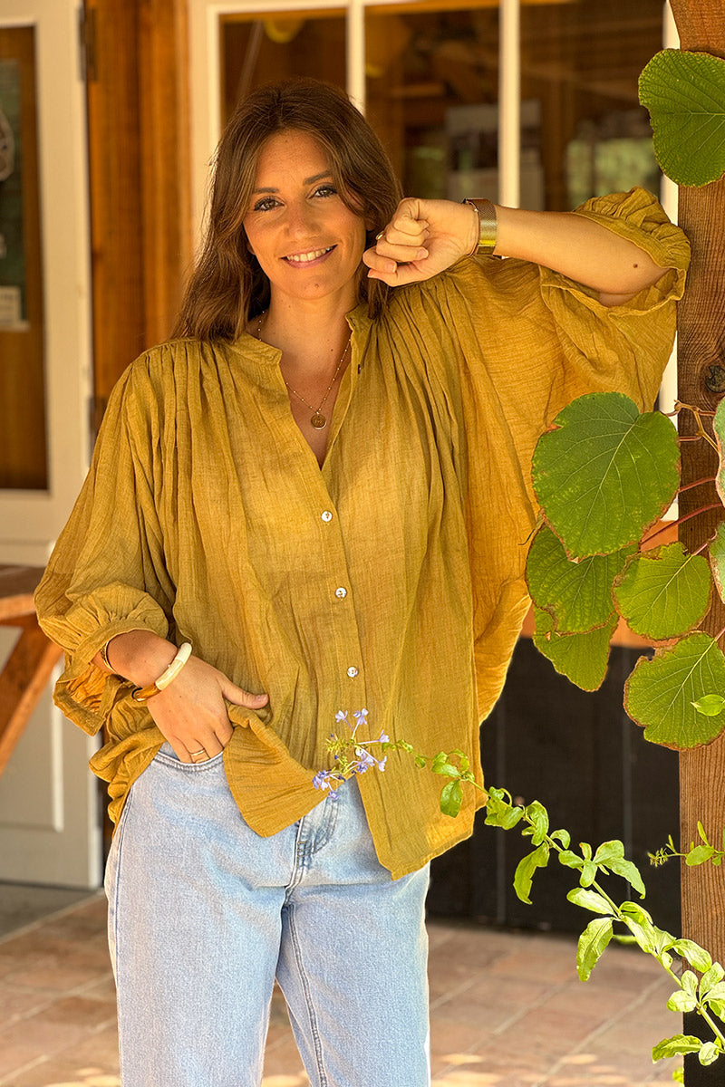 Mustard Lightweight Cotton Peasant Blouse 