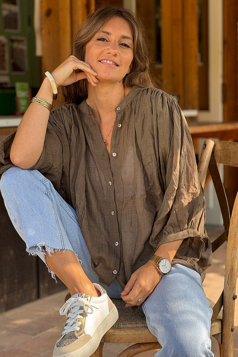 Khaki Lightweight Cotton Peasant Blouse