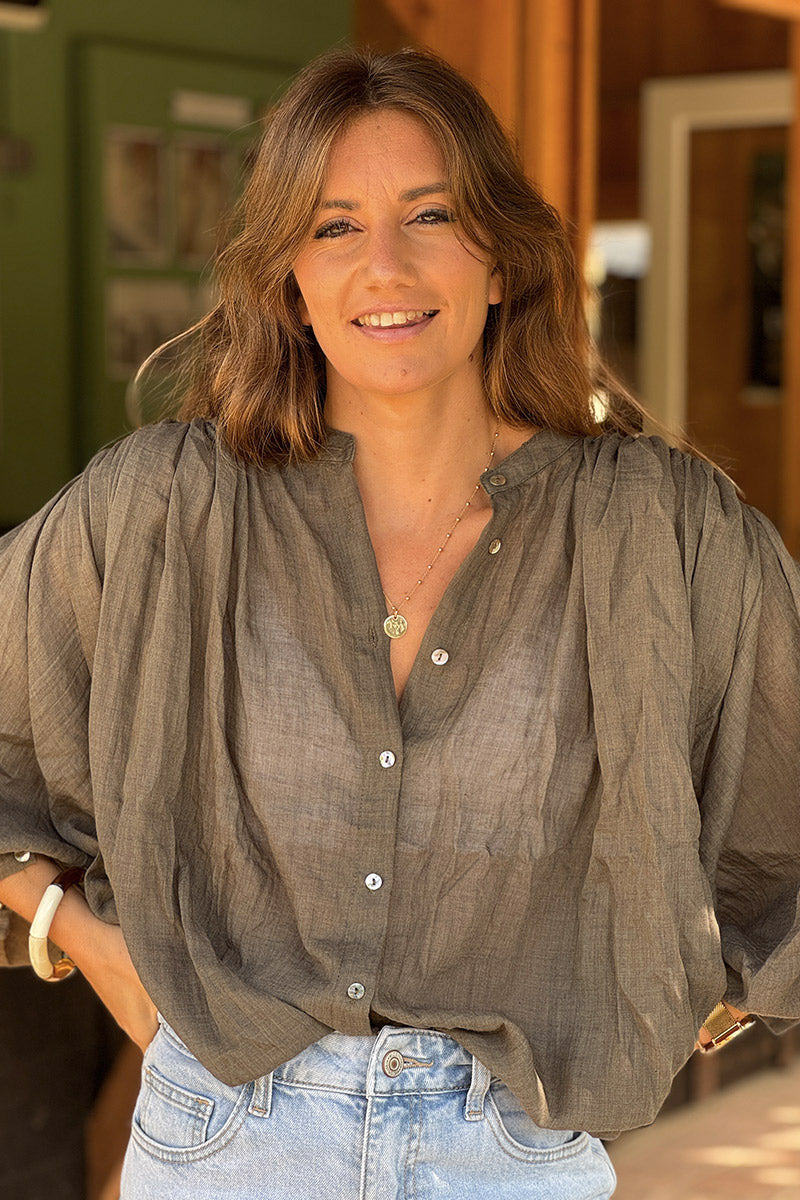 Khaki Lightweight Cotton Peasant Blouse