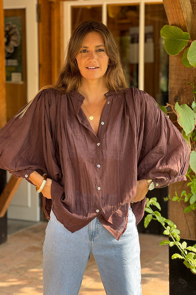 Chocolate Lightweight Cotton Peasant Blouse 