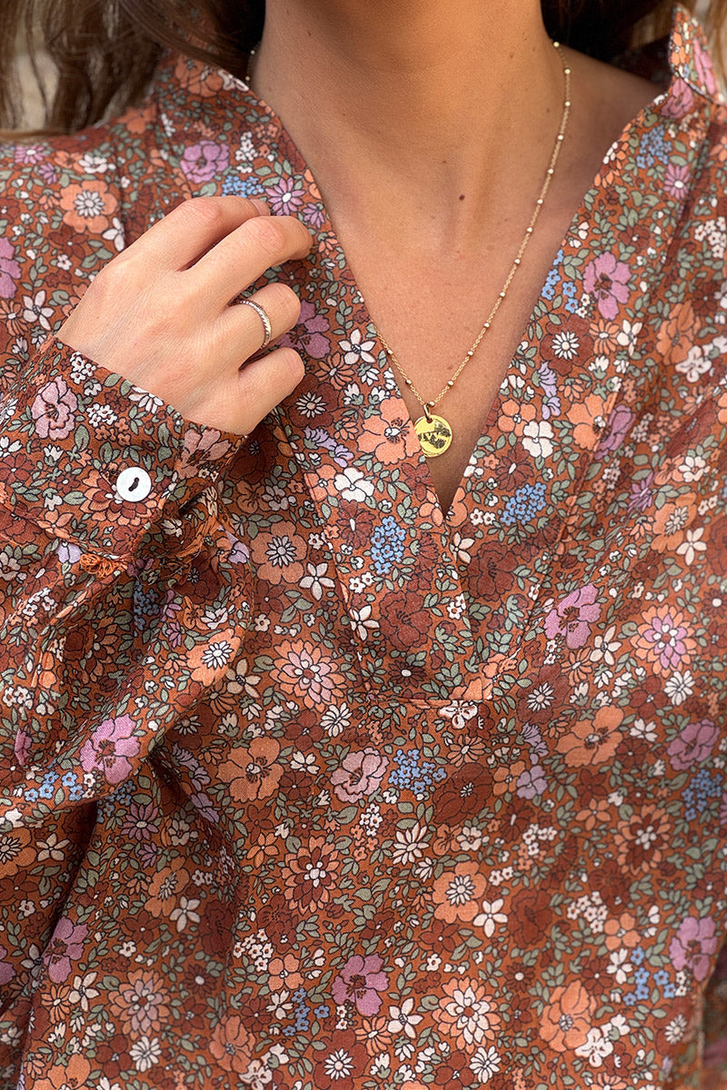 Rust Vintage Floral Cotton Blouse